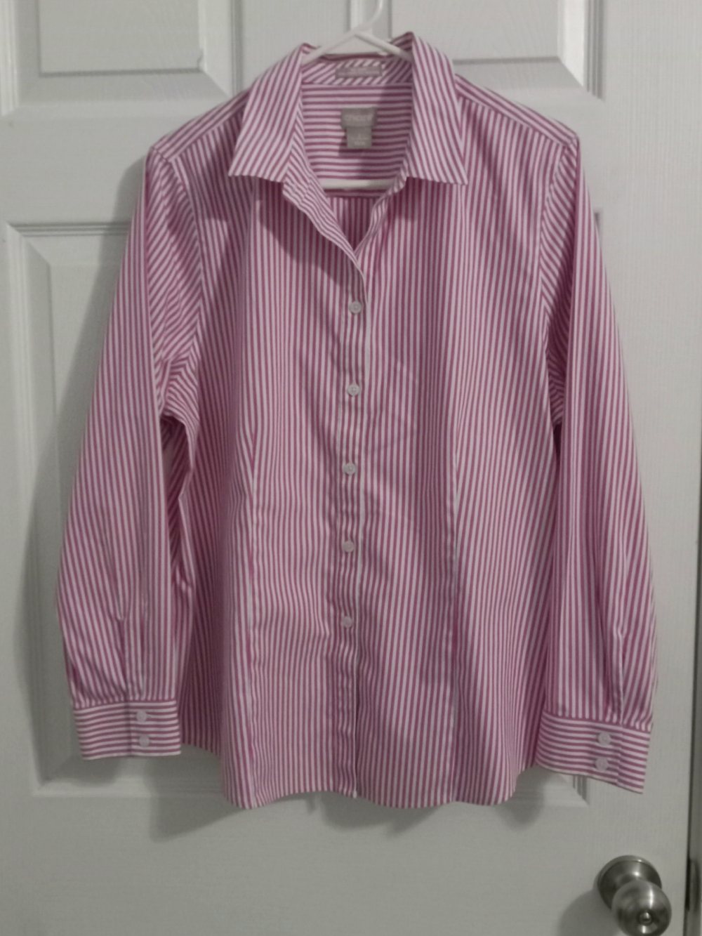 Chico's Womens Pink and White Striped Button-Up Shirt